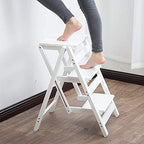 KINGBO Step Stool for Adults/Step Ladder/Counter Chair, 3-Step Folding Portable Wooden Step Stool, Anti-Slip & Lightweight (White)