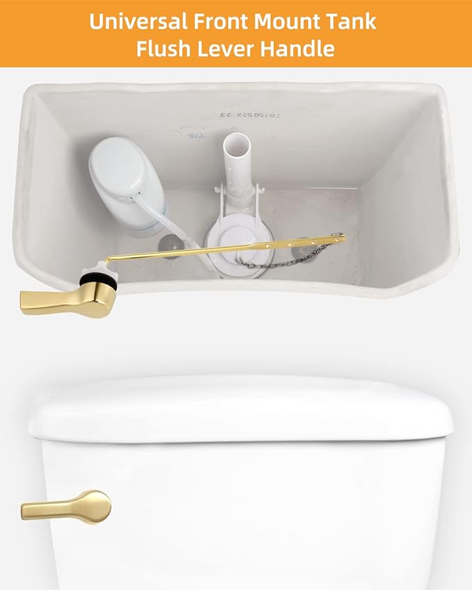 Hibbent Universal Metal Front Mount Toilet Handle Replacement Kit, Brass Toilet Flush Tank Lever with Stainless Steel Flapper Chains for Most Toilets, Shiny Gold
