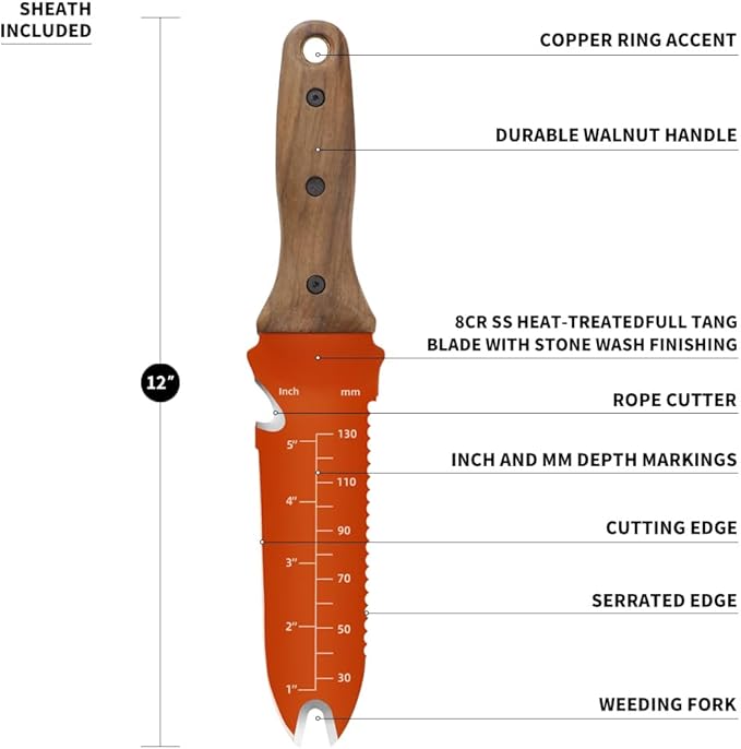Hori Hori Garden Knife Orange Garden Multitool with Sheath for Weeding,Planting,Digging Stainless Steel Blade with Cutting Edge, Full-Tang walnut Wood Handle with Hanging Hole