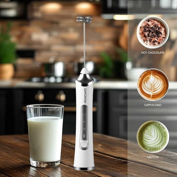 Rechargable Milk Frother, Handheld Drink Mixer with Whisk Attachment, 2025 upgraded, powerfull 3 speed motor, Type C charging with charge light, with extra egg mix head (White without Stand)