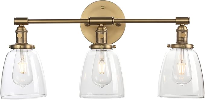 Phansthy 3-Light Wall Sconces Antique Brass Vanity Light, Industrial Wall Lamps with On Off Switch and Clear Glass Lampshade, Vintage Wall Lighting for Bathroom Living Room (Antique, Bell Shade)