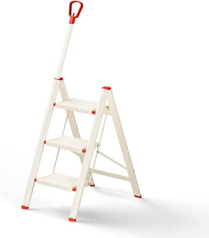 ASPERALD 3 Step Ladder with handrails,Foldable Step Stool with Anti-Slip Wide Pedals for Home Kitchen Closet,3 Step Ladder Folding Step Stool Long Handle White