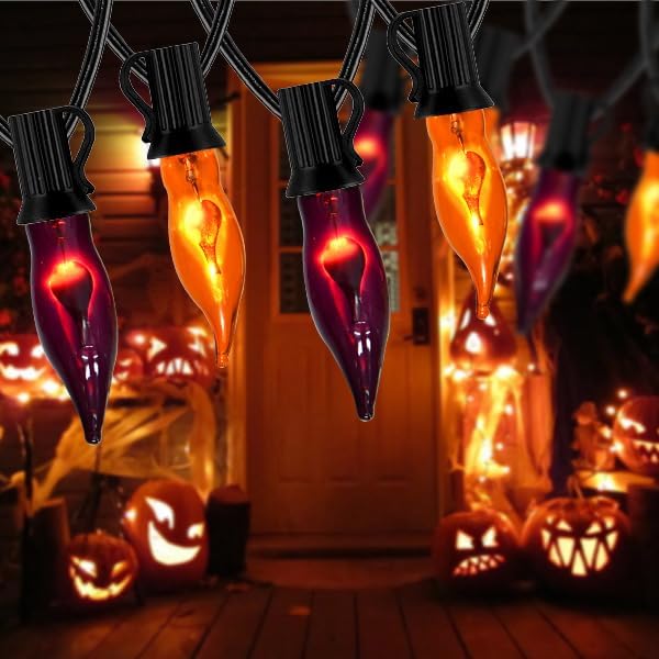 Orange and Purple Halloween Lights - Flickering Flame String Lights, 12.8Ft Indoor Outdoor Halloween Lights C7 Retro Flame String Lights, Ideal for Fall Halloweens Decorations for Home Party