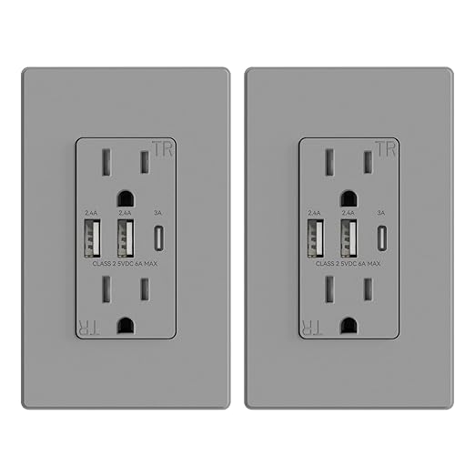 ELEGRP USB Outlets Receptacles, 3-Port Wall Outlet, 30W 6.0A Electrical Outlet, 15 Amp Tamper-Resistant Outlet with Type C Ports, UL Listed, Screwless Wall Plate Included, 2 Pack, Matte Gray