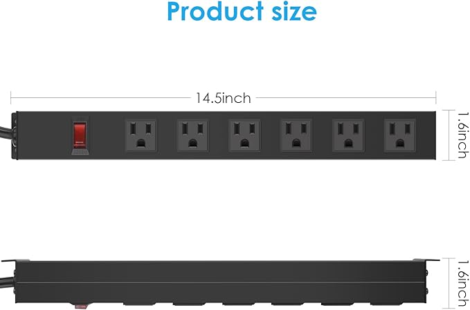 Metal Wall Mount Power Strip, Mountable Power Outlet with 6 AC Outlets, Aluminum Alloy Mount Power Socket with Switch, 15 FT SJT 3/C 14AWG Power Cord, 15A 125V 1875W (6AC) Black