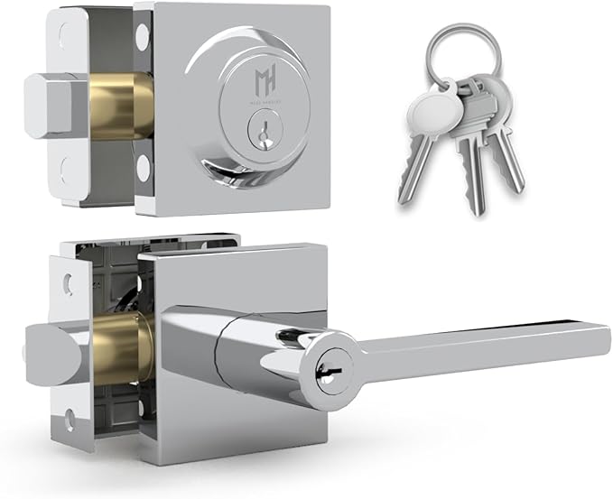 Mega Handles Prime Entrance Combo, Entry Lever Door Handle and Single Cylinder Deadbolt Lock and Key Combo, Heavy Duty Square Locking Door Levers Set for Left or Right-Handed Doors - Polished Chrome