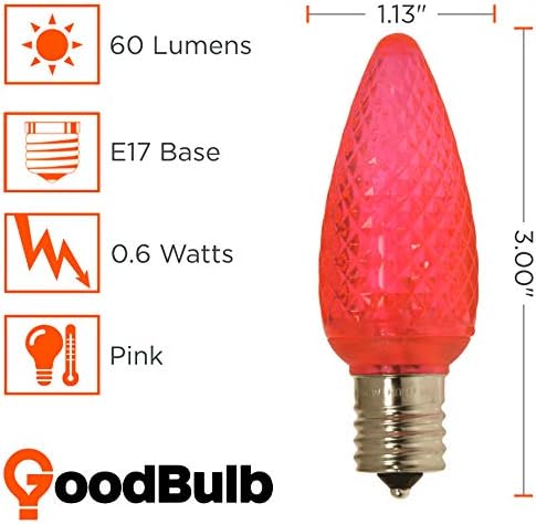 GoodBulb 0.6-Watt C9 Pink Diamond Faceted Holiday Light Bulbs Intermediate E17 Base 60 Lumens Christmas Lights Bulbs Ideal for Holiday Decorations Pack of 25 Bulbs