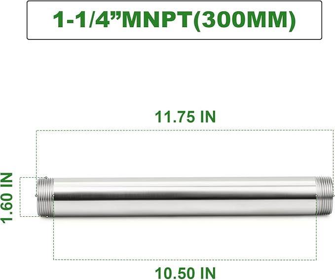 TAISHER 1PCS Stainless Steel Pipe Fittings, 1-1/4" NPT Male x 1-1/4" NPT Male Threaded, 12" Length Nipple Cast Pipe