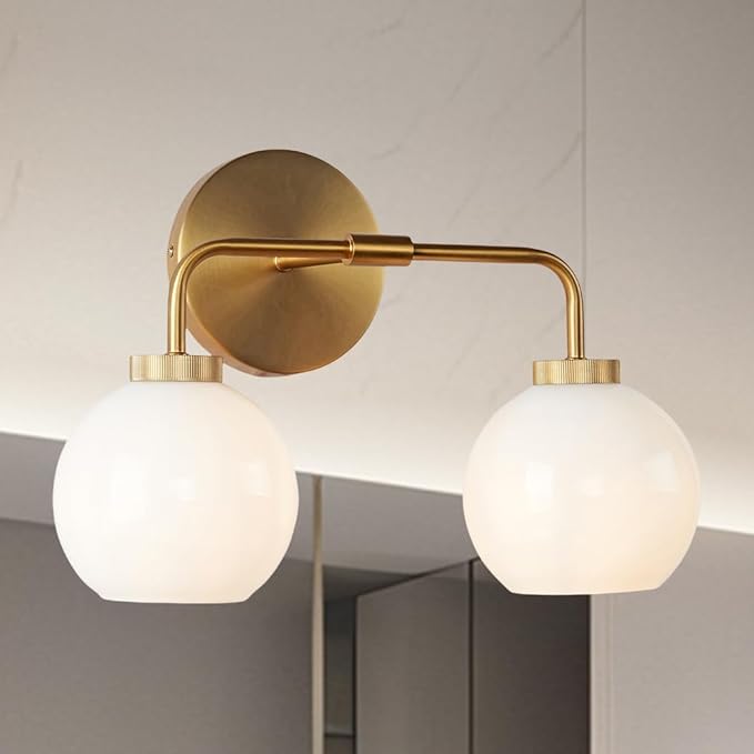 Minimalist Aged Brass Metal Finish Glass Globe Double Wall Sconce, 17 Inch Hand-Polished Vanity Light with Milky Glass Shade Over Mirror, Wall Light for Hallway, Bathroom (Milk Glass-Brass)