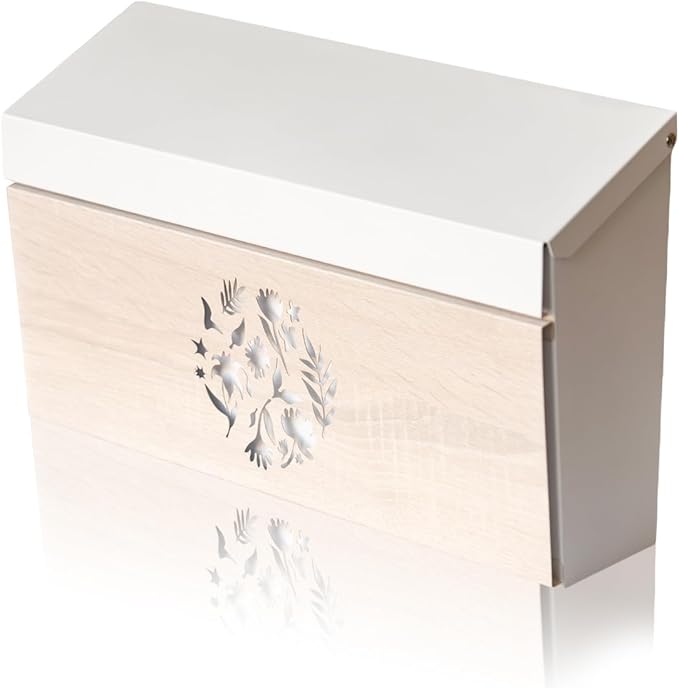 Wall Mount Mailbox, Large Capacity Mailbox for House Outside, Galvanized Steel Rust-Proof Metal Post Drop Box, 15.74"×9.84"×4.33" Flower Hollowed Wooden Patterned Metal Sheet