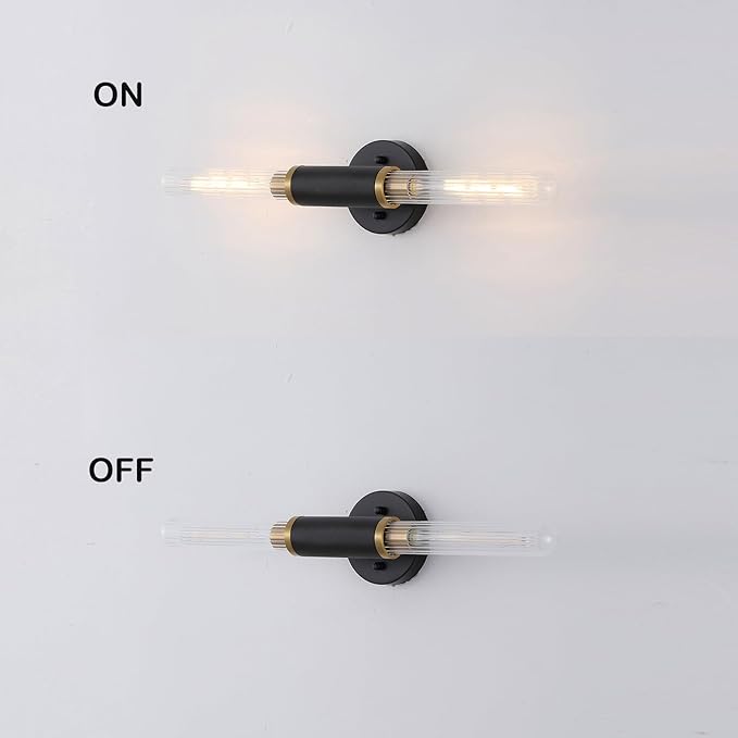 Modern Wall Sconces 24" Knurled Texture Cylinder Bathroom Vanity Lights Fixtures with Clear Striped Glass Shade 2-Lights Brushed Brass Gold Black Indoor Wall Lighting for Bedroom Hallway