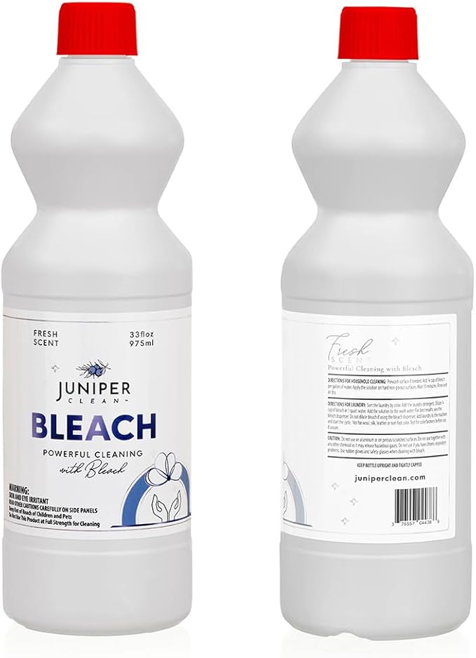 Juniper, 33 Fl Oz Liquid Bleach for Bright Whites, Fresh Scent Surface Cleaner for Bathroom, Kitchen, All Purpose Cleaner with Bleach (Pack of 12), Total 396 Ounce