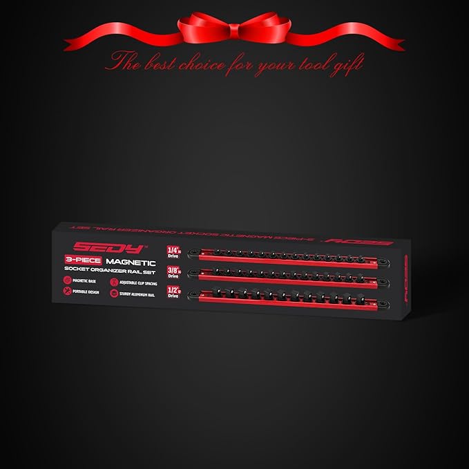 Magnetic Socket Holder Organizer Set: 3-Piece Detachable 1/4, 3/8, 1/2 Socket Trays Socket Organizer for Tool Box Drawer Holds 40-Piece Standard Size Sockets for Automotive Mechanic Garage(Red)