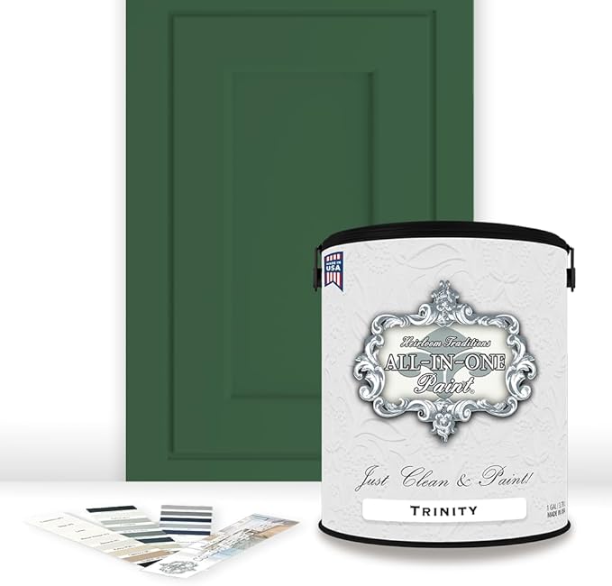 ALL-IN-ONE Paint, Durable cabinet and furniture paint. Built in primer and top coat, no sanding needed. Includes our 30 featured color card - Trinity (green), Gallon