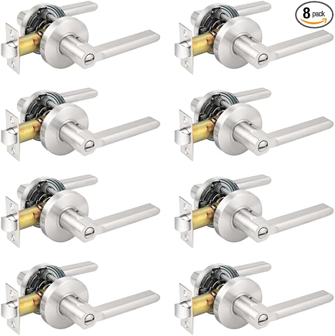 Probrico Interior Brushed Nickel Door Handle, Slim Handed Privacy Door Handles, Keyless Door Levers Lockset for Bedroom and Bathroom (8 Pack, Modern)