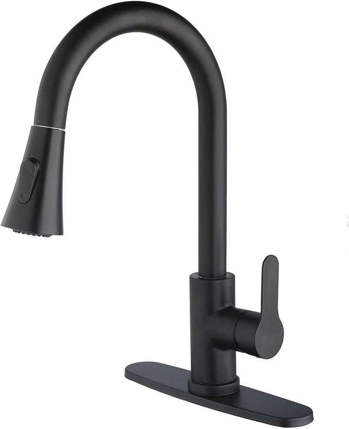 Single Handle Kitchen Faucet with Pull Down Sprayer Modern Stainless Steel Arc Kitchen Faucet Brushed Nickel, Commercial Kitchen Sink Faucet with Deck (Matte Black, with Pull Down Sprayer)