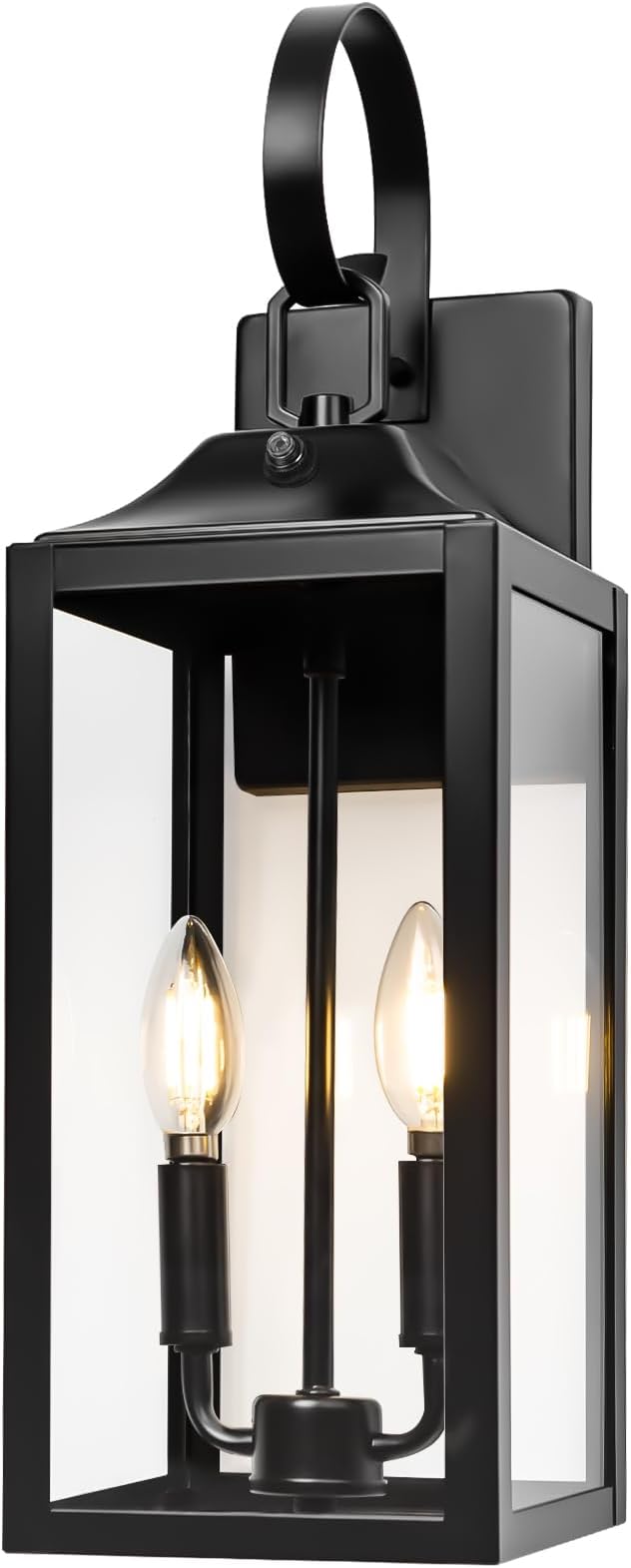 Black Dusk to Dawn Outdoor Wall Lantern 2-Light, 19" Large Outside Modern Porch Sconce Light Fixture, Industrial Porch Light Wall Mount with Glass, Waterproof Farmhouse Exterior Lamp Lighting