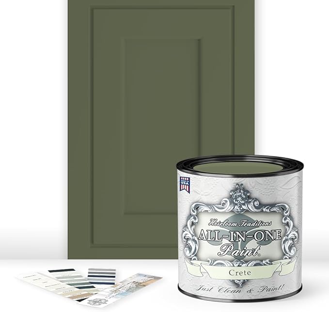ALL-IN-ONE Paint, Durable cabinet and furniture paint. Built in primer and top coat, no sanding needed. Includes our 30 featured color card - Crete (olive green), Quart
