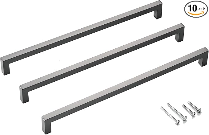 10 Pack Long Cabinet Pulls 12 3/5 Inch Hole Center Ancient Grey Drawer Pulls Square Stainless Steel Kitchen Handles for Cabinets Grey Cupboard Handles Modern Bathroom Cabinet Hardware