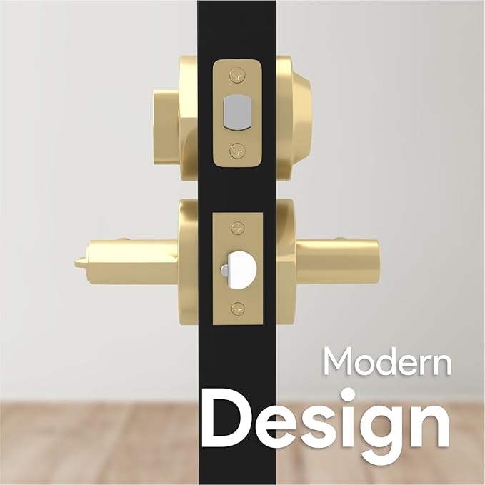 Mega Handles Ronn Entrance Combo, Entry Lever Door Handle and Single Cylinder Deadbolt Lock and Key Combo Pack, Heavy Duty Round Locking Door Levers Set for Left or Right-Handed Doors - Satin Brass