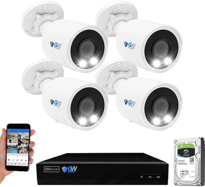GW Security 4K Smart AI Security Camera System, 8 Channel 12MP PoE NVR, 4 x UHD 4K 8MP IP Outdoor Indoor Microphone Bullet Cameras, Face Recognition/Human/Vehicle Detection, 2TB Hard Drive