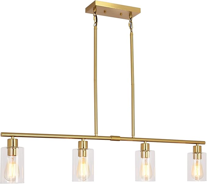 Modern Gold Kitchen Island Chandelier 4-Light Brushed Brass Farmhouse Pendant Light Industrial Kitchen Island Lighting Fixture with Glass Shades Hanging Lamp for Dining Living Room