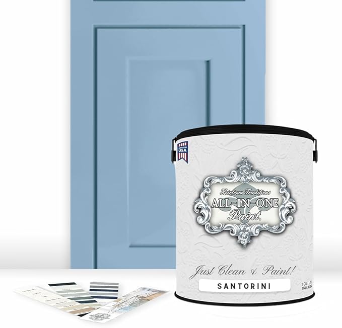 ALL-IN-ONE Paint, Durable cabinet and furniture paint. Built in primer and top coat, no sanding needed. Includes our 30 featured color card - Santorini (slate blue), Gallon