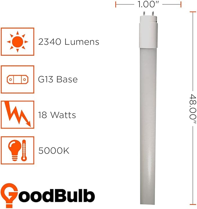 GoodBulb 48-Inch T8 LED Light Bulbs 18-Watt, 5000K Daylight White Light Color, 2340-Lumens, Type A+B with Medium Bi-Pin Base (Pack of 10 Bulbs)
