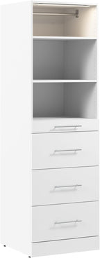 Bestar 25W x 25D Modular Closet Organizer System Tower, Reach-in Closet or Walk-in with LED Light, Shelves, and 4 Drawers, Slab Style, Florence Collection, White