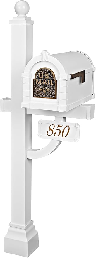 Gaines - Keystone Deluxe Post and Mailbox Package with Personalized Address Plaque and Decorative Cuff (White with Antique Bronze Eagle)
