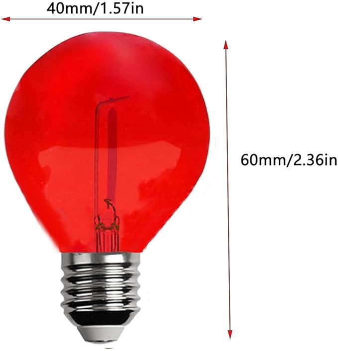 15 Pack G40 Plastic LED Replacement Light Bulbs 1W Shatterproof Red Color Filament Globe Bulbs E12 Candelabra Base Christmas Round Replacement Bulbs for Outdoor Indoor Patio String Lights(Red)