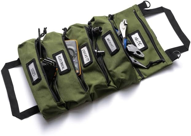 Official Maverick Tool Roll Bag - Easy to Carry 5-Pocket Roll Up Tool Bag - Durable Waterproof Canvas, YKK Zippers & Secure Buckle - Loving Gift for Dads, Mechanics, Electricians & Hobbyists|ArmyGreen