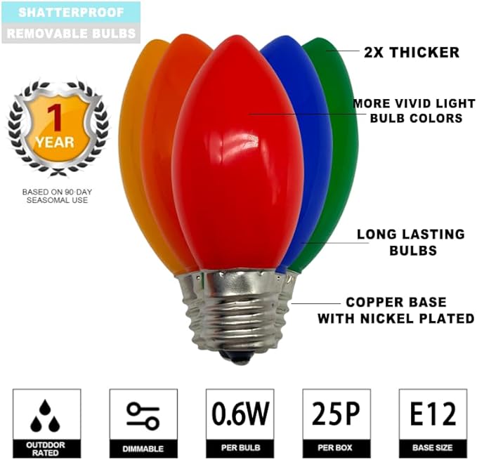 25 Pack C9 LED Replacement Christmas Light Bulbs, E17 Base Led Bulb Outdoor Christmas Lights, Waterproof Commercial Grade Holiday Decoration Replacement Bulbs for String Lights (Red)