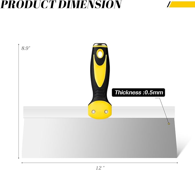 Mister Rui 12" Stainless Steel Taping Knife, Drywall Knife with Soft Grip Handle, Spackle Knife, Plastering Tool, Corrosion-Resistant Tools for Drywall Joint Taping