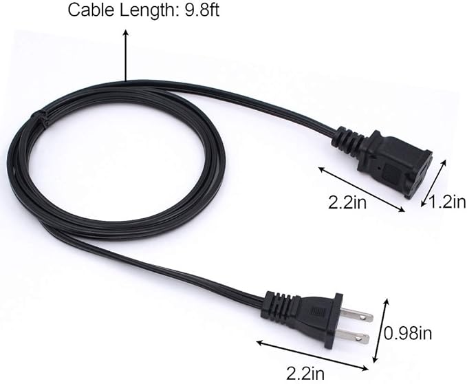 10 FT 2 Prong Extension Cord,Black Extension Cord 10 ft Indoor or Outdoor, Male/Female Power Cable for NEMA 1-15P to NEMA 1-15R,Extension Cable 2 Pack