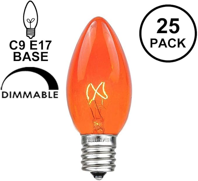 Novelty Lights Incandescent Christmas Replacement Bulbs - Indoor/Outdoor Individual Bulbs for Christmas Tree, Display, & More - C9/E17 Intermediate Base, 7 Watt Lights (Orange, 25 Pack)