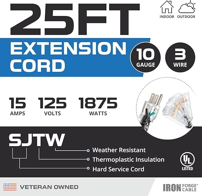 Iron Forge Cable 10 Gauge 25ft Lighted Outdoor Heavy Duty Extension Cord with 3 Outlets - 15 Amp 10/3 SJTW Black Extension Cord with Multiple Outlets