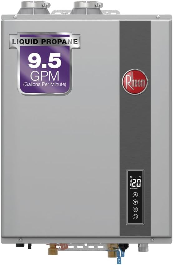 Rheem RTGH-95DVELP-3 Super High Efficiency Condensing Indoor Tankless Liquid Propane Water Heater, 9.5 GPM with WiFi