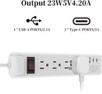 4-Outlet 6.5Ft Long Cord 2500W Power Strip Build-in Charging Cable and2 Type C (PD 23W) & USB (QC 3.0 5V3A) Fast Charging Ports (White)