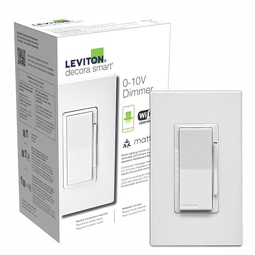 Leviton Decora Smart Dimmer Switch, 0-10V, Wi-Fi, Neutral Wire Required, Works with Matter, My Leviton, Alexa, Google Assistant, Apple Home/Siri & Wired or Wire-Free 3-Way, D2710-1BW, White