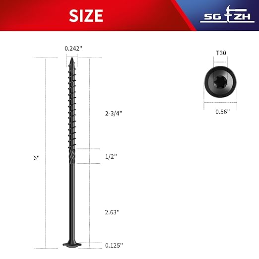 #14 x 6 Inch Lag Screws (21Pcs) 1lb. Structural Wood Screw, Black, Carbon Steel, Washer Head, Rust Resistant epoxy Coated, T30 Star Bit