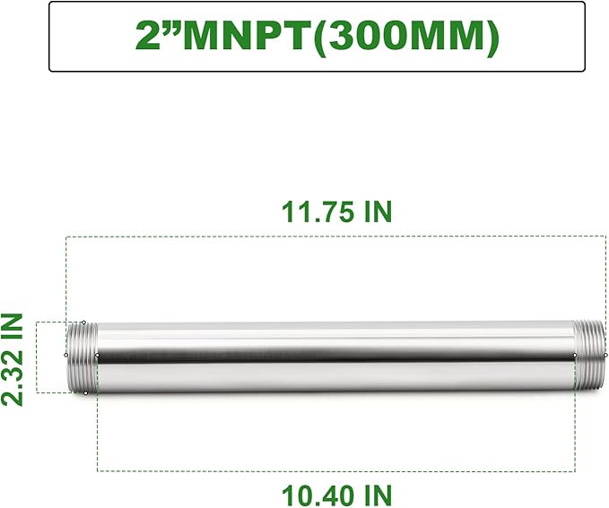 TAISHER 1PCS Stainless Steel Pipe Fittings, 2" NPT Male x 2" NPT Male Threaded, 12" Length Nipple Cast Pipe
