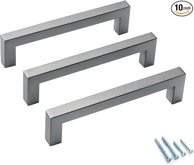 10 Pack 5 Inch (Center to Center 5in) Ancient Grey Square Cabinet Pulls Drawer Handles Cupboard Handles Modern Stainless Steel Kitchen Cabinet Handles and Pulls