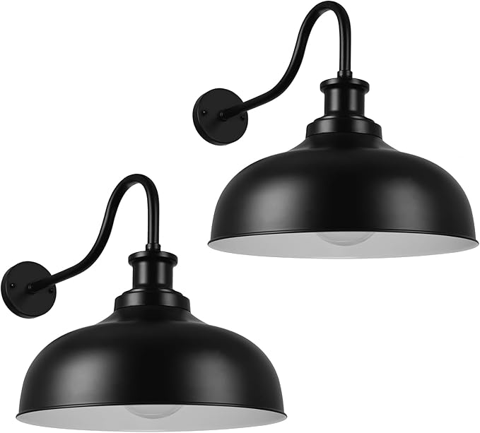 Outdoor Gooseneck Barn Lights,14 Inch Dome Outdoor Wall Sconce Farmhouse Exterior Wall Mount Light Vintage Wall Lighting Fixture Industrial Black Wall Lantern for Porch, Entryway, Garage, 2 Pack