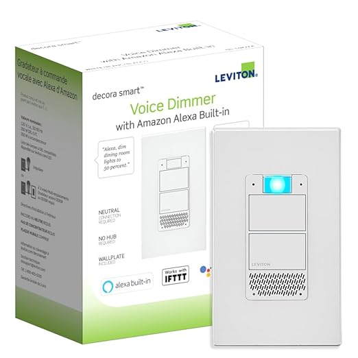 Leviton Decora Smart Voice Dimmer Switch with Amazon Alexa Built-in, Wi-Fi 1st Gen, Neutral Wire Required, Works with My Leviton, Alexa, Google Assistant, DWVAA-1BW, White
