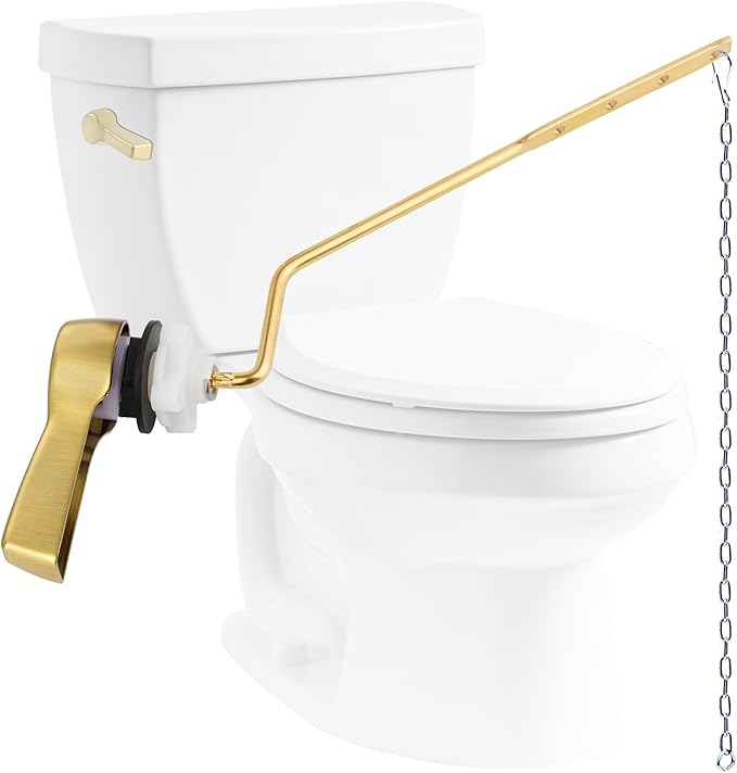Hibbent Universal Metal Side Mount Toilet Handle Replacement Kit, Brass Toilet Flush Tank Lever with Stainless Steel Flapper Chains for Most Toilets, Brushed Gold