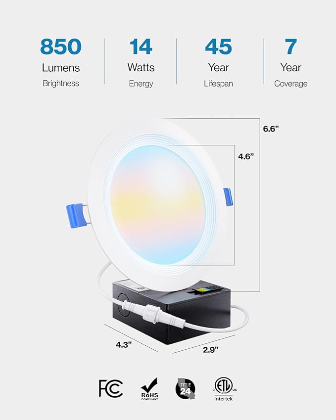 Sunco 12 Pack 6 Inch LED Recessed Light, Ceiling Canless Recessed Lights, Baffle Trim, 850 LM, 14W, Selectable CCT 2700K/3000K/4000K/5000K/6000K, Dimmable, Wafer Thin with Junction Box