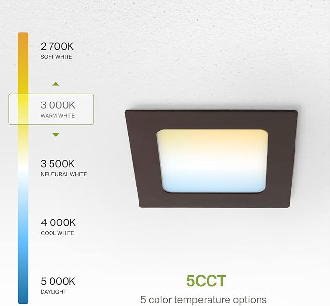 ASD 6 Pack LED Square Recessed Lighting 4 Inch, 5 CCT 2700K-5000K, 12W 50W Eqv, Ultra Thin Dimmable Ceiling Lights with J Box, Canless Wafer Downlight, Slim Panel, UL Energy Star, Oil-Rubbed Bronze