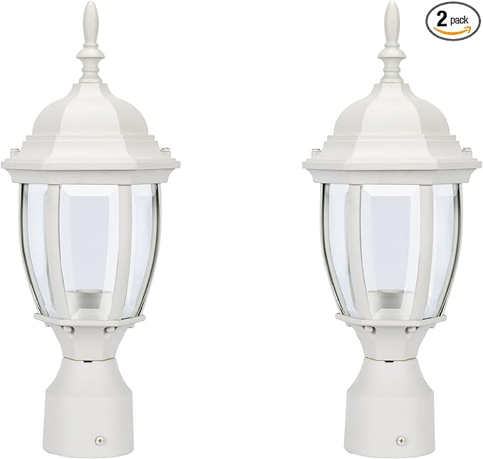 LIT-PaTH Outdoor Post Lighting Fixture Pole Lantern, E26 Medium Base Max 60W, Aluminum Housing Plus Glass, Matte White Finish, 2-Pack