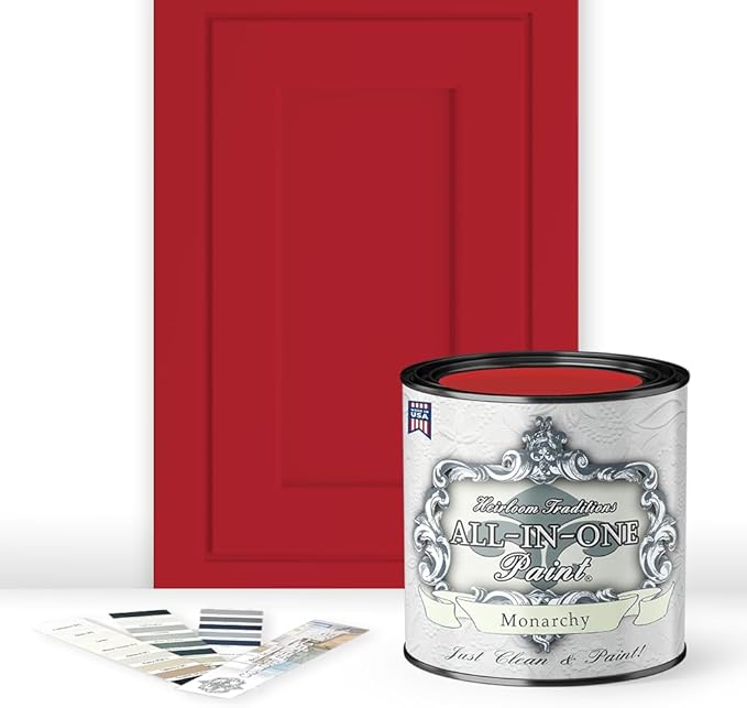ALL-IN-ONE Paint, Durable cabinet and furniture paint. Built in primer and top coat, no sanding needed. Includes our 30 featured color card - Monarchy (primary red), Quart